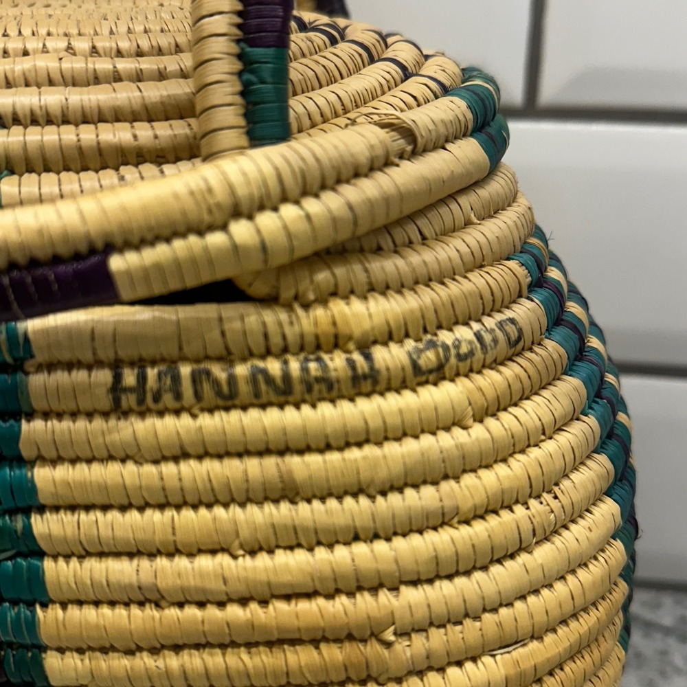 Handcrafted Woven Basket Bag with Lid Teal Purple Geometric Natural Straw Tan - Picture 8 of 13